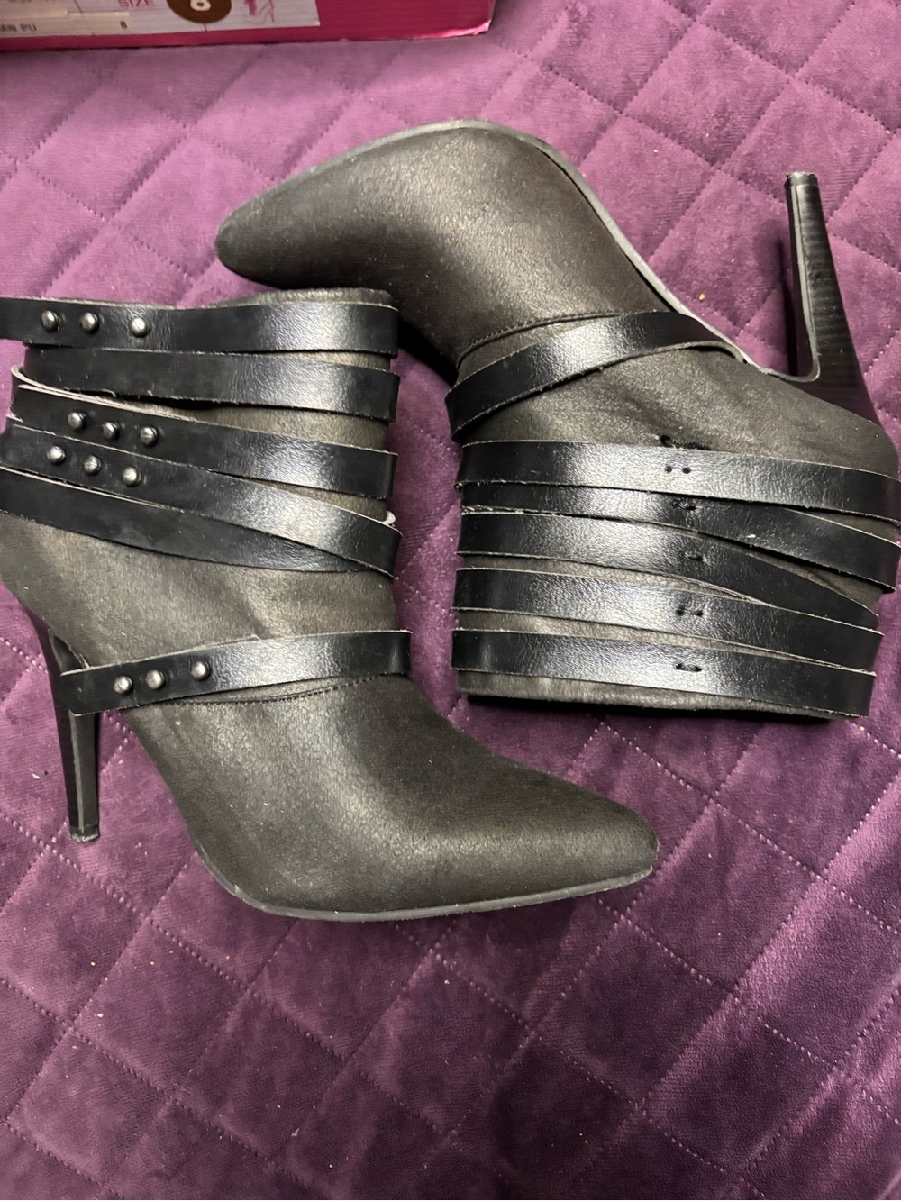 Black Strappy Pointed-Toe High Heel Ankle Boots